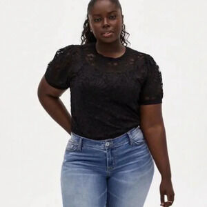 Torrid Black Floral Sheer Lace Puff Sleeve Top Blouse Size M Medium 00
